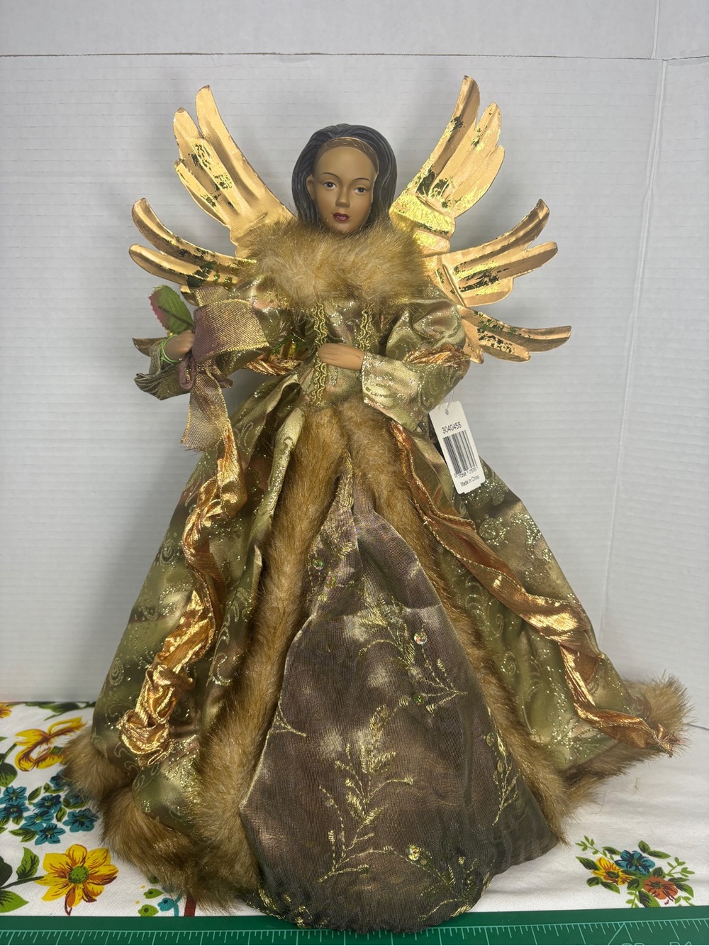 Holidays NWT Gold Ethnic Angel Tree Topper Faux-Fur Trimmed Gown Metal Wings 17β